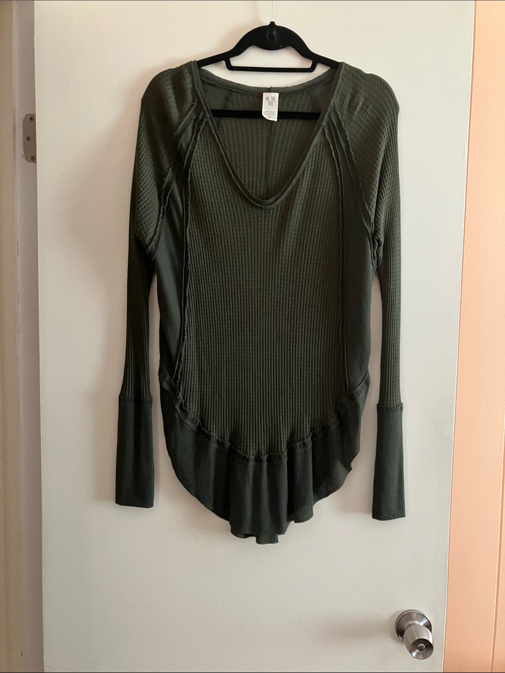 Free People Olive Green Ribbed Long Sleeve Top with Ruffled Asymmetric Hem